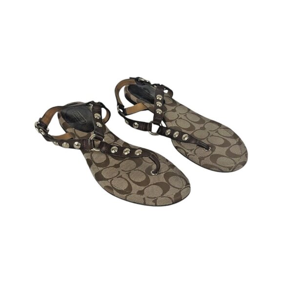 COACH Womens Size 9B Rosaila Sandal Thong Gladiator Logo Monogram Brown - Picture 1 of 13